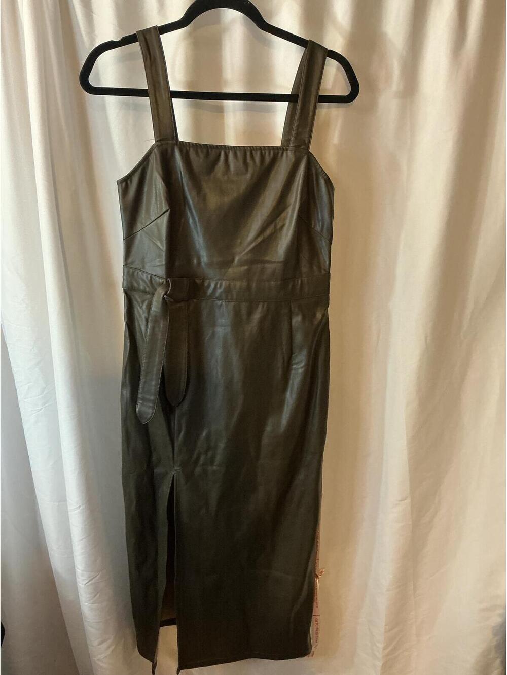 NWT Choosy Faux Leather Midi Dress Olive Green Belted Bodycon Size 6